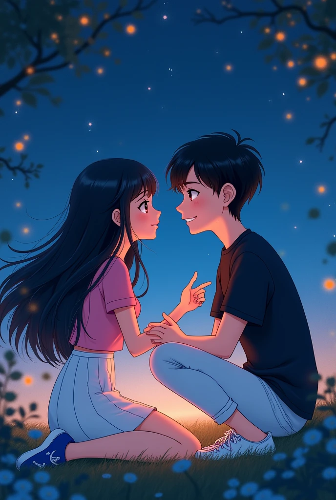 girl has black long hair and is pretty.she is wearing a pink top,a white skirt and blue shoes.he has black hair.He wears white shoes,white pants and a black shirt.they listen to music she tells passionately.he listens to her and looks at her from the side, smiling.it's night