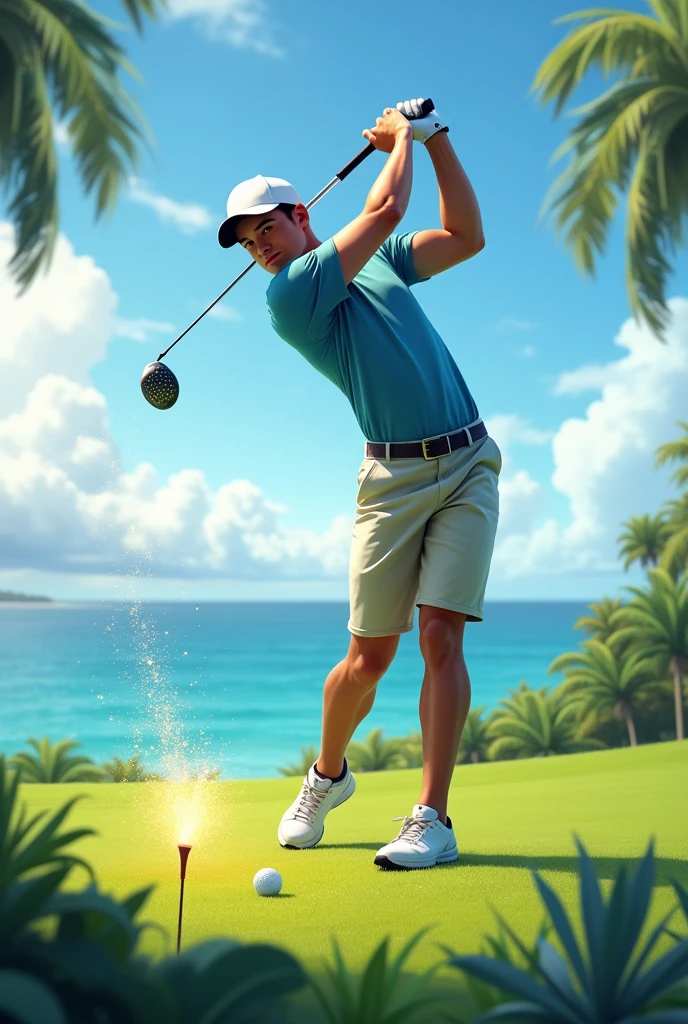 golf、Tee Grand、driver、Full swing、spark、Lefty、Downward Strike、You can see the ocean