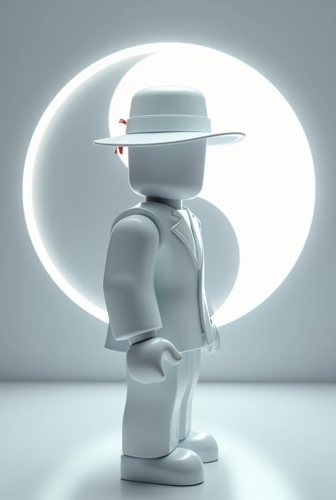 A man wears, white fedora hat with red small ribbon on the side of the hat, white glove, white suit, white glowing face, faceless, yin and yang symbol on behind, roblox, side view