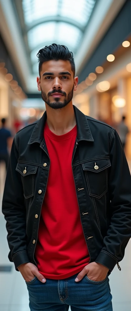 (best quality, 8k, realistic), a young 2 Brazilian man with black hair parted in the middle, short beard and mustache and looking at the smartphone camera with a cool smile, wearing a red shirt, a black denim jacket and pants blue jeans, in a shopping mall (ultra-realistic).