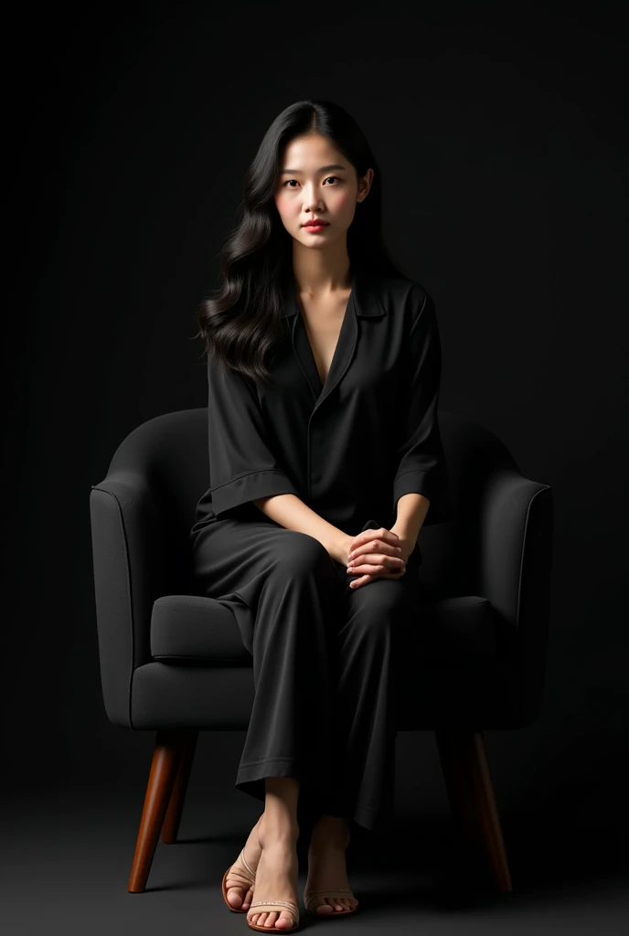 (photorealism:1.2), curve Asian woman with black wavy hair, wearing black pajamas, black sandals, sitting on chair, plain black background