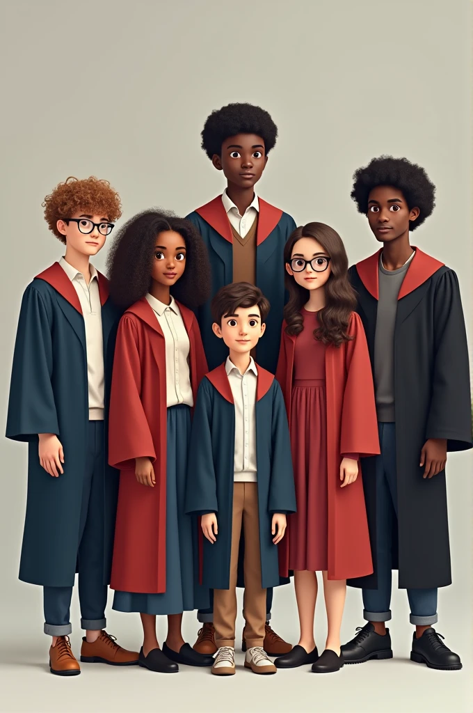 Graduation photo of 7 teenagers, 1 white boy with curly hair named Samuel, 1 black man with curly hair named Frans, 1 white girl with long curly hair wearing glasses named Windy, 1 Black girl with curly hair named Yanti, 1 short white woman with curly hair named Ence, 1 short white-skinned man with curly hair named Esau and, 1 fat black man with curly hair named Joshua