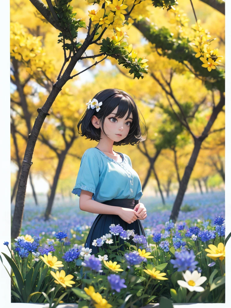 Light blue and yellow flowers, woman with flowers in her hair, Dark Hair, Organic and natural composition, Flower Field