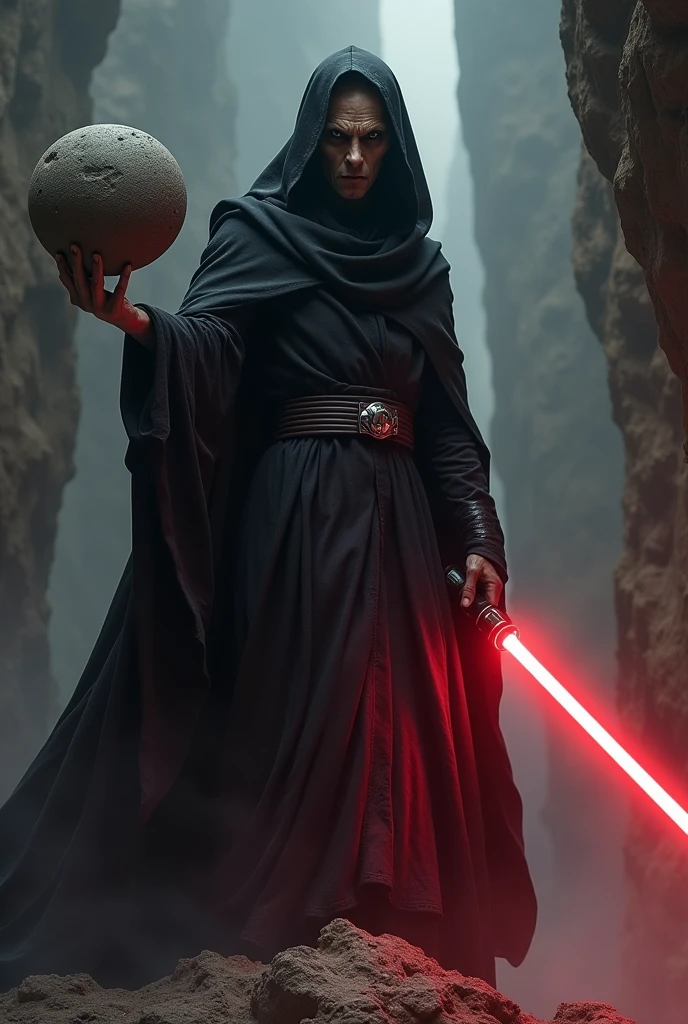 A Sith from Star Wars, thin brown gray skin,Sith lifts a stone into the air with the Force, it floats , black cloak with hood, dark atmosphere, scary, frightening, red lightsaber, ultra realistic