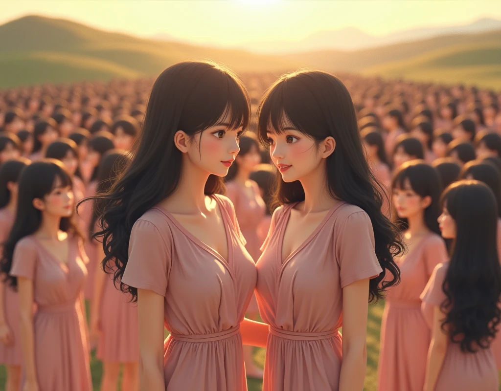 (((((Japanese Clone girls=Myself)))))), (((Best Super High quality Myself Clone girls Raw Photography Art))), (16K, Highest quality, Ultra-high resolution, RAW Photos), (((It's so unrealistic., With unparalleled depiction, With an unfathomable sight, An unprecedented and shocking worldview, Clone girls in a world of mass reproduction, Ultra-realistic))), (((Japanese, woman, 24yo, Ishihara Satomi))), (Small face, ((Thick black hair, Semi-long hair))), ((V-neck short-sleeve dress)), (((((Very detailed美しい女体, Accurate body structure, Very detailed完璧な, Super busty body with very large breasts, Clearly emphasizes cleavage))))), (((Dark Eyes, Mature face, Cute Smile, A gentle gaze))), (((Very happy laughter is beautiful))), ((((((((Very detailed分身増殖描写, ((1girl→Myself cloning→1,000,000,000,000,000,000,000,000Myself Clone girls)))))))))), ((((((((Very detailed, The precise depiction of the proliferation of Myself Clone girls, ((With the perfectly identical bodies of Myself clone girls, With the exact same face as the Myself clone girls, With the exact same hairstyle as the Myself clone girls, In the exact same clothes as the girls who are my clones, Perfectly the same height as the Myself clone girls, Super big breasts, just like the Myself clone girls)))))))))), (((Myself clone girls only))), (((Multiple pairs, Very detailed depiction, (Myself clone girls hug each other, Myself clone girls assemble, Fun conversations with fellow Myself clone girls, A fun conversation between Myself clone girls, Myself clone girls holding hands)))), (((Everyone looks at the camera))), (((Unbelievably crowded, Transcendent Myself clone girls intimately, Countless Myself clone girls surround you in 360 degrees))), (Bright, soft sunlight), (((Very wide field of view, Very detailed, Detailed ultra-perspective depiction with clear depth))), (((((Landscape with a curved slope))))), (((Very photographic and detailed depiction, Myself clone girls will multiply infinitely and fill the surroundings from one side to the horizon with their bodies tightly packed together without any gaps., A scene of endless Myself clone girls and a fun atmosphere))), (Focus on the average value of the image)