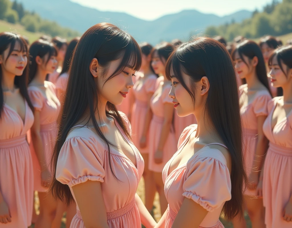 (((((Japanese Clone girls=Myself)))))), (((Best Super High quality Myself Clone girls Raw Photography Art))), (16K, Highest quality, Ultra-high resolution, RAW Photos), (((It's so unrealistic., With unparalleled depiction, With an unfathomable sight, An unprecedented and shocking worldview, Clone girls in a world of mass reproduction, Ultra-realistic))), (((Japanese, woman, 24yo, Ishihara Satomi))), (Small face, ((Thick black hair, Semi-long hair))), ((V-neck short-sleeve dress)), (((((Very detailed美しい女体, Accurate body structure, Very detailed完璧な, Super busty body with very large breasts, Clearly emphasizes cleavage))))), (((Dark Eyes, Mature face, Cute Smile, A gentle gaze))), (((Very happy laughter is beautiful))), ((((((((Very detailed分身増殖描写, ((1girl→Myself cloning→1,000,000,000,000,000,000,000,000Myself Clone girls)))))))))), ((((((((Very detailed, The precise depiction of the proliferation of Myself Clone girls, ((With the perfectly identical bodies of Myself clone girls, With the exact same face as the Myself clone girls, With the exact same hairstyle as the Myself clone girls, In the exact same clothes as the girls who are my clones, Perfectly the same height as the Myself clone girls, Super big breasts, just like the Myself clone girls)))))))))), (((Myself clone girls only))), (((Multiple pairs, Very detailed depiction, (Myself clone girls hug each other, Myself clone girls assemble, Fun conversations with fellow Myself clone girls, A fun conversation between Myself clone girls, Myself clone girls holding hands)))), (((Everyone looks at the camera))), (((Unbelievably crowded, Transcendent Myself clone girls intimately, Countless Myself clone girls surround you in 360 degrees))), (Bright, soft sunlight), (((Very wide field of view, Very detailed, Detailed ultra-perspective depiction with clear depth))), (((((Landscape with a curved slope))))), (((Very photographic and detailed depiction, Myself clone girls will multiply infinitely and fill the surroundings from one side to the horizon with their bodies tightly packed together without any gaps., A scene of endless Myself clone girls and a fun atmosphere))), (Focus on the average value of the image)