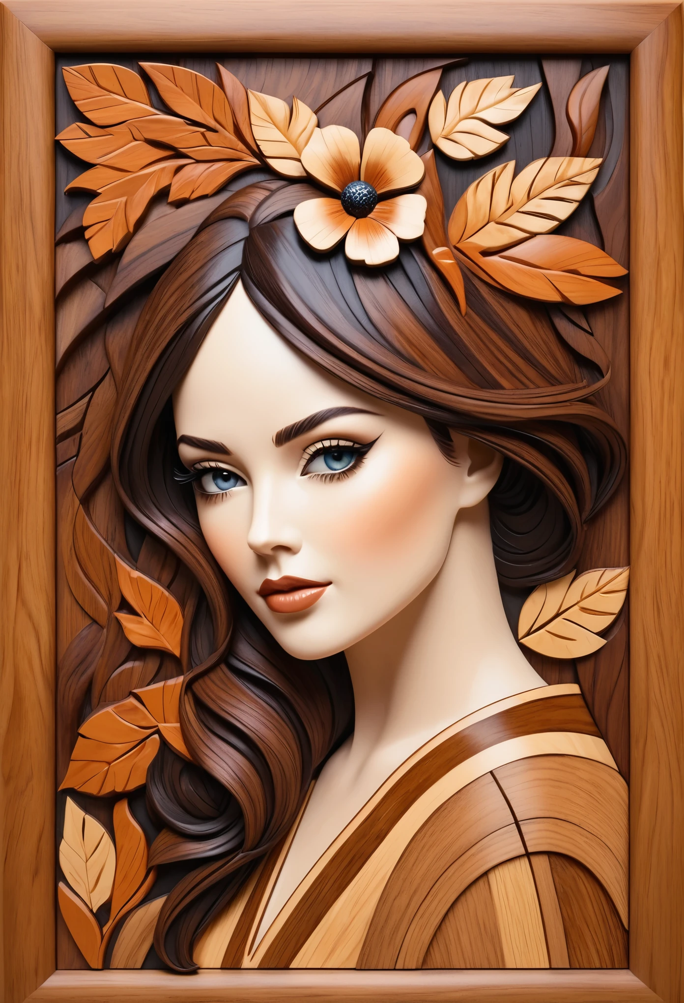 beautiful woman, stylish, cool, ultrarealistic , impeccable , in the style of Intarsia woodworking