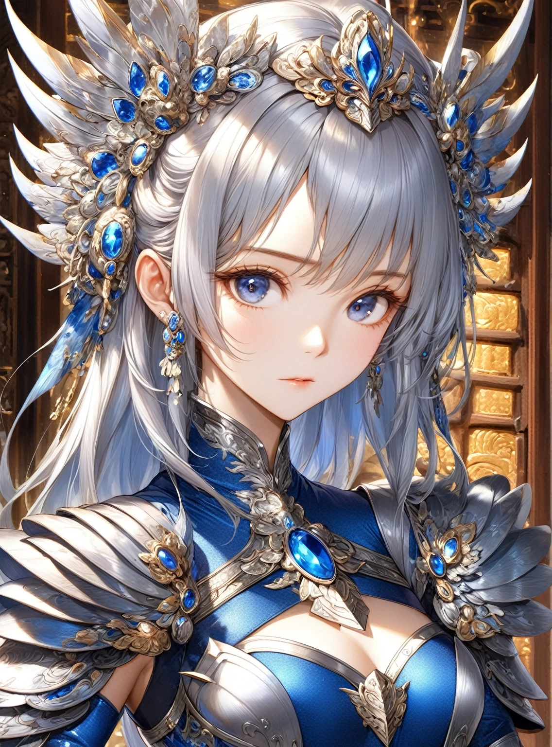 Close-up of woman in silver and blue dress, Chengwei Pan at Art Station, Jan J, Detailed fantasy art, Amazing character art, Fan Art Best Art Station, Magnificent and elaborate character art, Beautiful Armor, Highly detailed art gems, Detailed digital anime art, Art Station pixiv&#39;s artgerm, Girl in Armor