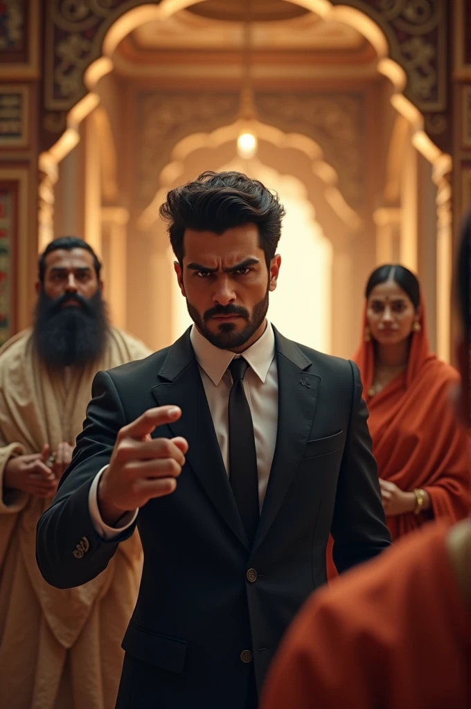 "Depict Veer a young businessman (in black suit )with a look of growing frustration and anger. His eyebrows are furrowed, and his lips are set in a tight line. He is gesturing with one hand, possibly pointing towards the exit, as he argues about the importance of his work and his disbelief in the rituals. The background shows the serene temple contrasting with Veer's modern, pragmatic world view. His wife was standing beside him and angry pandit ji infront of them