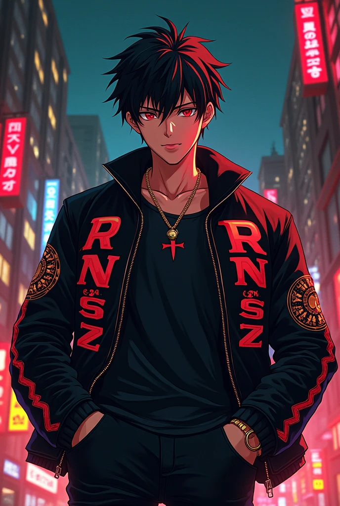 Anime young mafia boss wearing a jacket with ransz written on it