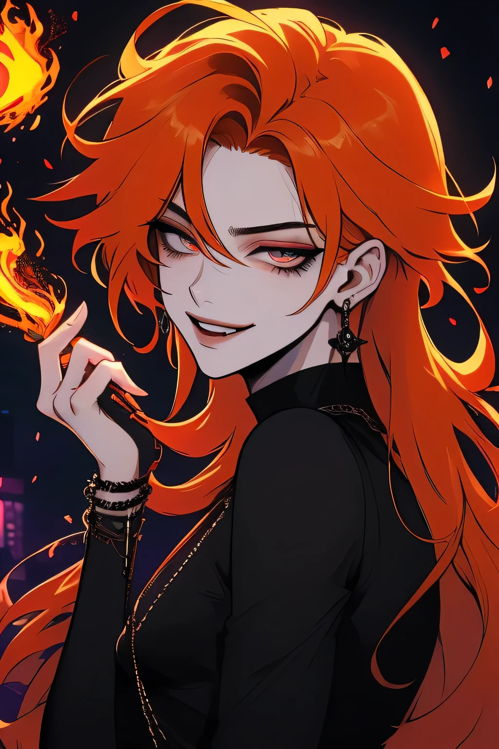 anime man in night city, attractive man with желтые глаза глаза while щурясь, adult man, orange hair, black loose shirt, (((No jewelry on clothes))), beautiful detailed eyes,  (Best quality,4K,8 thousand.,a high resolution,masterpiece:1.2), Ultra detailed, bright colors, dark lighting, cinematic, A sly smile on her face, katana in hand, Chinese inspired clothing, fire, fire hair