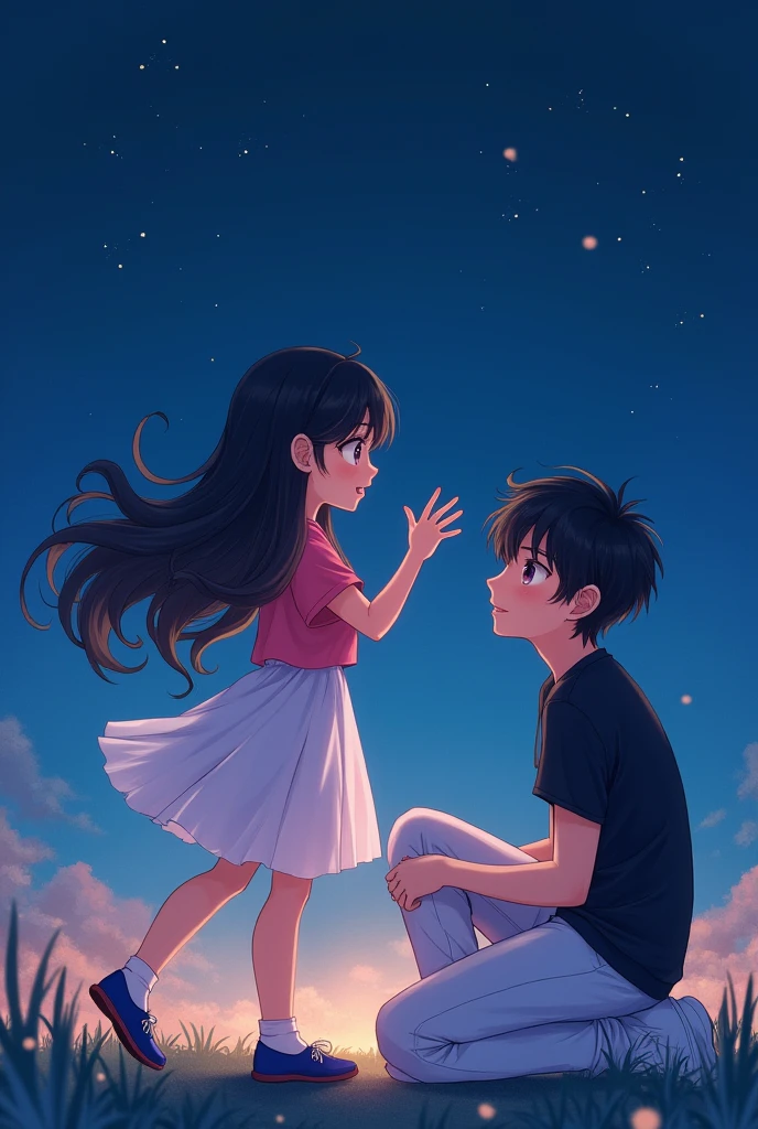 girl has black long hair and is pretty.she is wearing a pink top,a white skirt and blue shoes.he has black hair.He wears white shoes,white pants and a black shirt.they listen to music she tells passionately.he listens to her and looks at her from the side, smiling.it's night