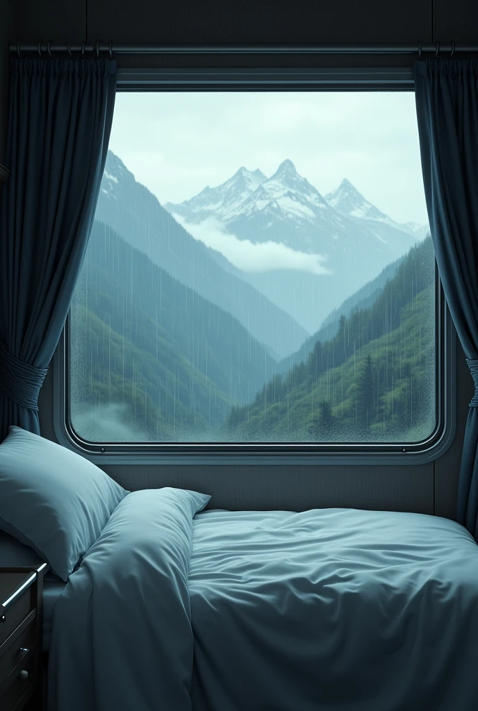 A normal empty bed in train with rain and a view of mountains