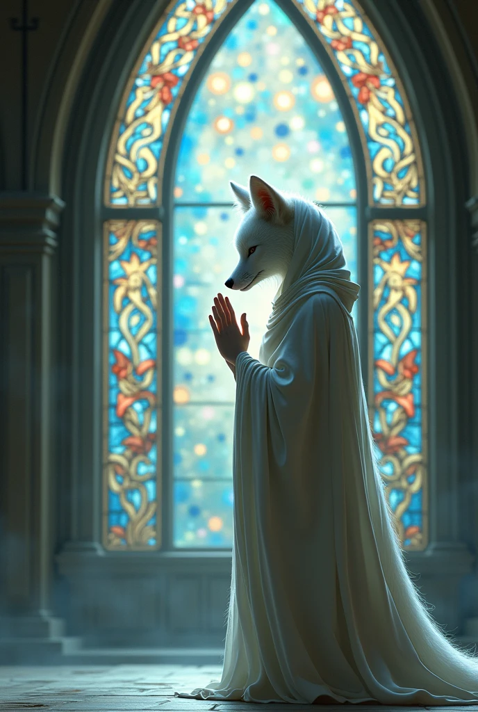 a white fox in a white robe and hood stands in the church against the background of a stained glass window, fingers joined and letting his head down, praying