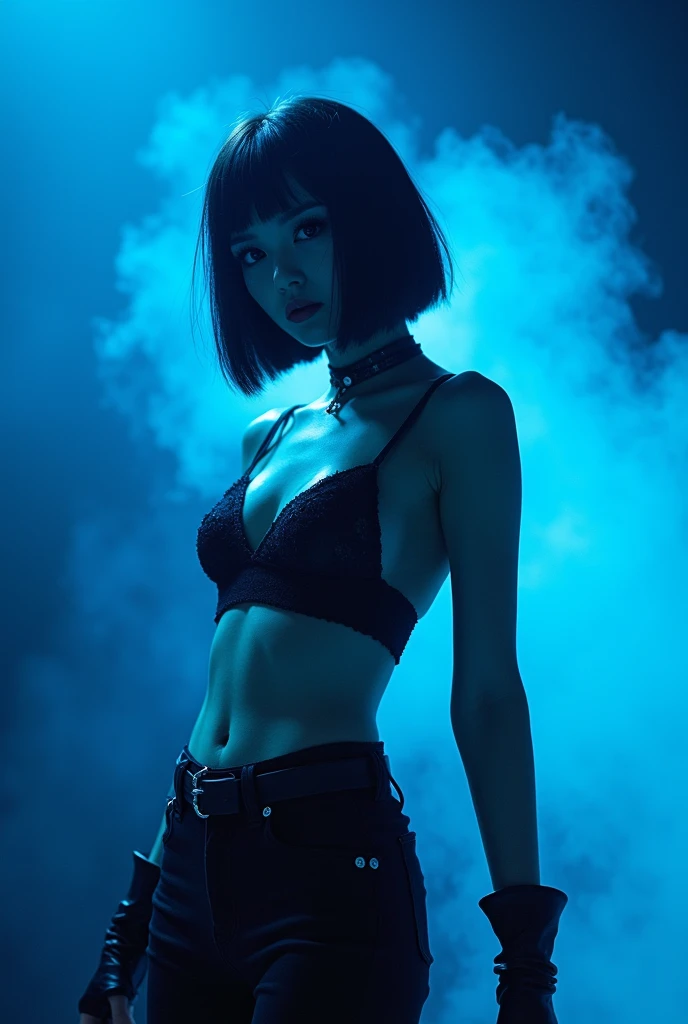 A cleavage big enough to hold a penis、Japanese women、Alice Hirose、Female vocalist with short bob hair、Metal Band、Solo artist、live house、Lots of stage smoke、Blue lighting、Thick eyelashes、Extensions、