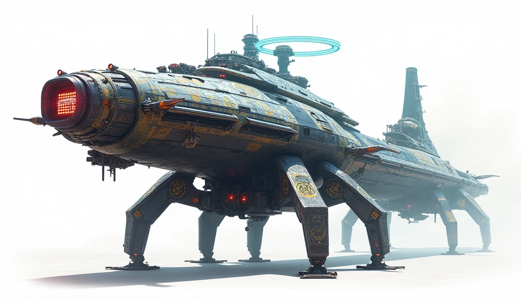 A long wide giant heavily armored divine futuristic flying all terrain biomechanical spaceship, covered in rainbow batik pattern and glowing javanese runic symbols, multiple retractable cybernetic spider legs with wheels on the tip, divine halo, flying hovercraft, flying submarine, flying aircraft carrier, flying hotel, flying resort, flying city, flying skyscraper, flying cruise ship, flying yacht, flying castle, flying military base, multiple thrusters, multiple helipad, multiple propeller, mobile headquarters, mobile command center, automatic turrets, missile banks, missile defense system, multi-port rear engine arrays, large pivoted missile pods, anti-air batteries, reactive armour over vital spaces, VTOL thrusters, ventral ground-facing VTOL thruster bays, retractable center cannon, super carrier, sky carrier, space station, floating city, floating castle, white background