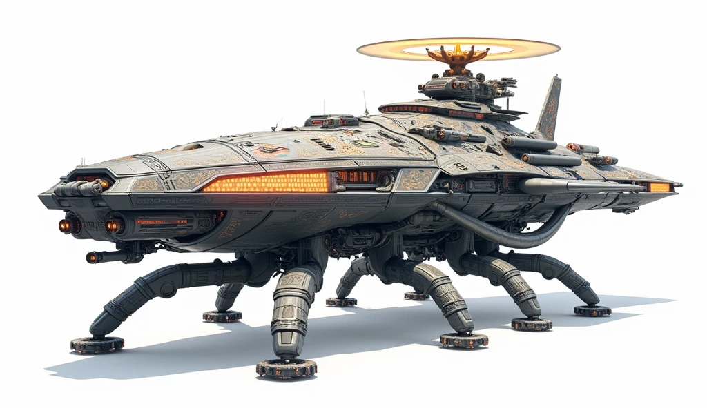 A long wide giant heavily armored divine futuristic flying all terrain biomechanical spaceship, covered in rainbow batik pattern and glowing javanese runic symbols, multiple retractable cybernetic spider legs with wheels on the tip, divine halo, flying hovercraft, flying submarine, flying aircraft carrier, flying hotel, flying resort, flying city, flying skyscraper, flying cruise ship, flying yacht, flying castle, flying military base, multiple thrusters, multiple helipad, multiple propeller, mobile headquarters, mobile command center, automatic turrets, missile banks, missile defense system, multi-port rear engine arrays, large pivoted missile pods, anti-air batteries, reactive armour over vital spaces, VTOL thrusters, ventral ground-facing VTOL thruster bays, retractable center cannon, super carrier, sky carrier, space station, floating city, floating castle, white background