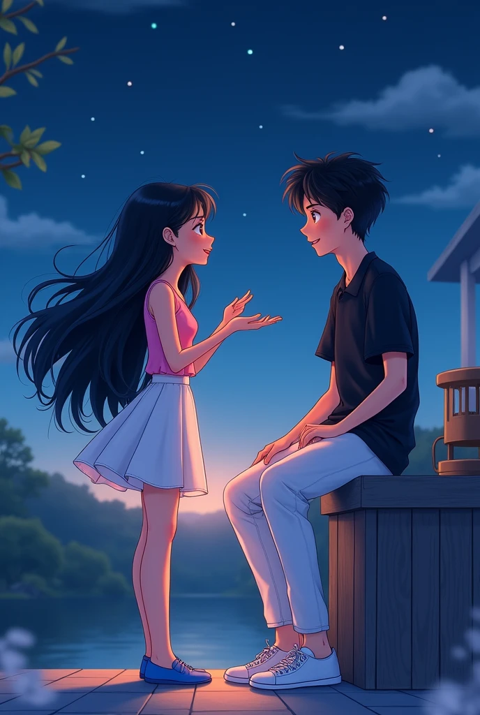 girl has black long hair and is pretty.she is wearing a pink top,a white skirt and blue shoes.he has black hair.He wears white shoes,white pants and a black shirt.they listen to music she tells passionately.he listens to her and looks at her from the side, smiling.it's night