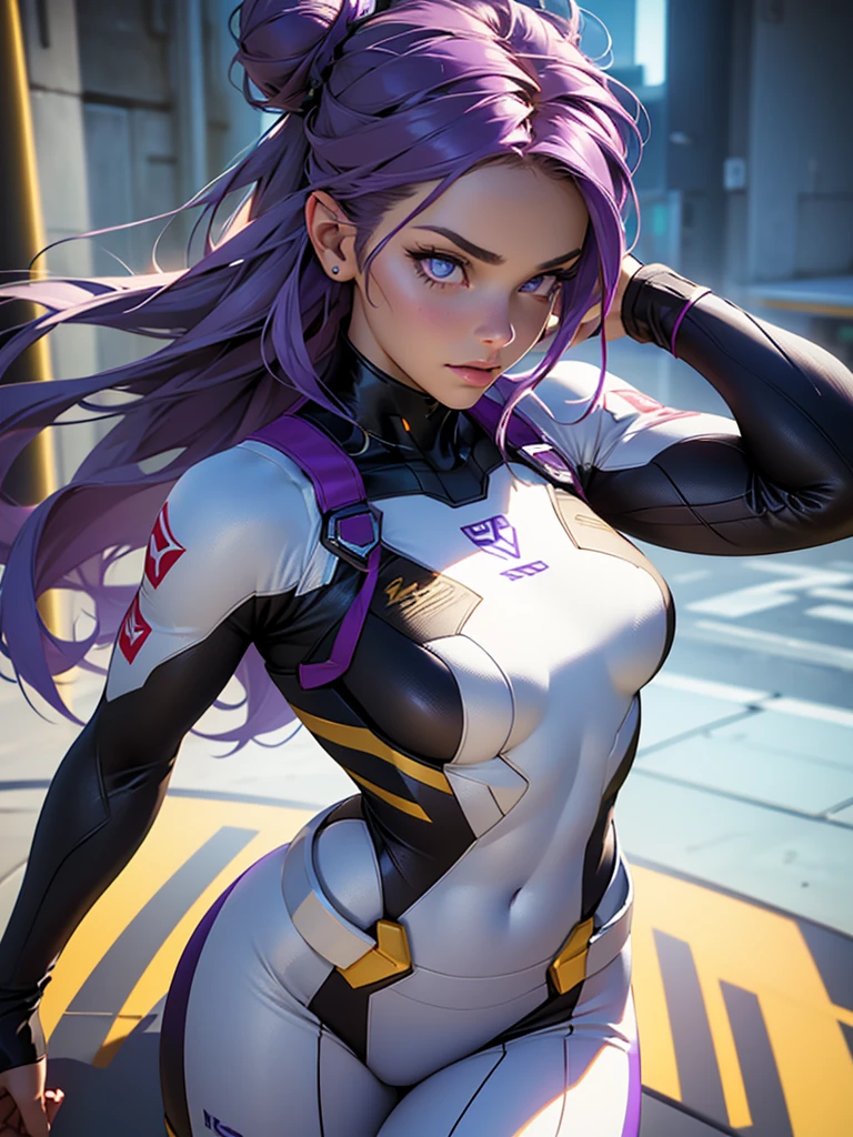 a girl in a hero costume, long flowing purple hair, purple-pink eyes, futuristic tight suit, dark purple and black suit, girl smiling, academy in the background, field for training heroes, other classmates in the background, MHA, beautiful cheerful girl, gold hairpins in her hair, wavy silky hair, pale porcelain skin, (best quality,4k,8k,highres,masterpiece:1.2),ultra-detailed,(realistic,photorealistic,photo-realistic:1.37),intricate details,cinematic lighting,vibrant colors,dynamic composition,dramatic shadows,volumetric fog,ornate ornaments,glowing energy effects,advanced. The girl is calm. Full-length. High detail. Well-developed detailing of the face. Attention to detail. Very beautiful girl. Slender figure. Hair is gathered into a neat bun at the back of the head, with gold hairpins.Adult girl. Hair gathered in a bun at the back of the head. Gathered hair. Full-length. (Do not emphasize the chest) The tits is medium. Not a baby face
