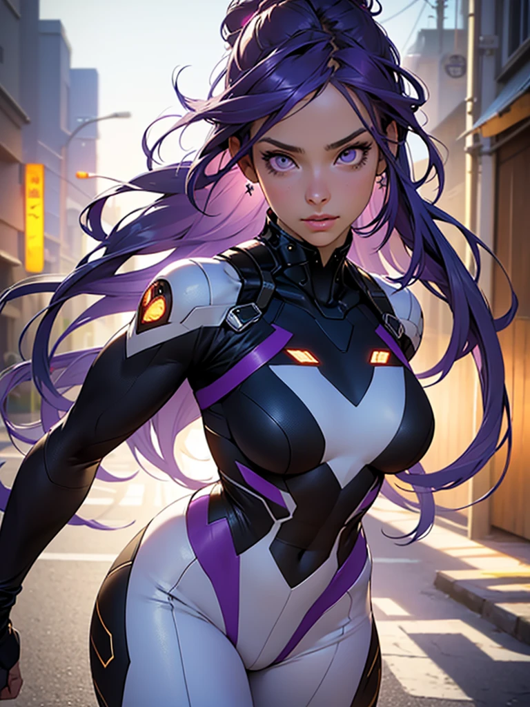 beautiful detailed eyes, beautiful detailed lips, extremely detailed eyes and face, long eyelashes, 1 girl, superhero costume, tight futuristic costume, long purple hair, gold hairpins, calm and reasonable expression, purple white black costume, heroes training field, full length, (best quality,4k,8k,highres,masterpiece:1.2),ultra-detailed,(realistic,photorealistic,photo-realistic:1.37),HDR,UHD,studio lighting,ultra-fine painting,sharp focus,physically-based rendering,extreme detail description,professional,vivid colors,bokeh,concept art. Full length. A girl warms up on a training ground. Training at the academy. Students around. Hair gathered in a bun at the back of the head. The girl is depicted in full growth.