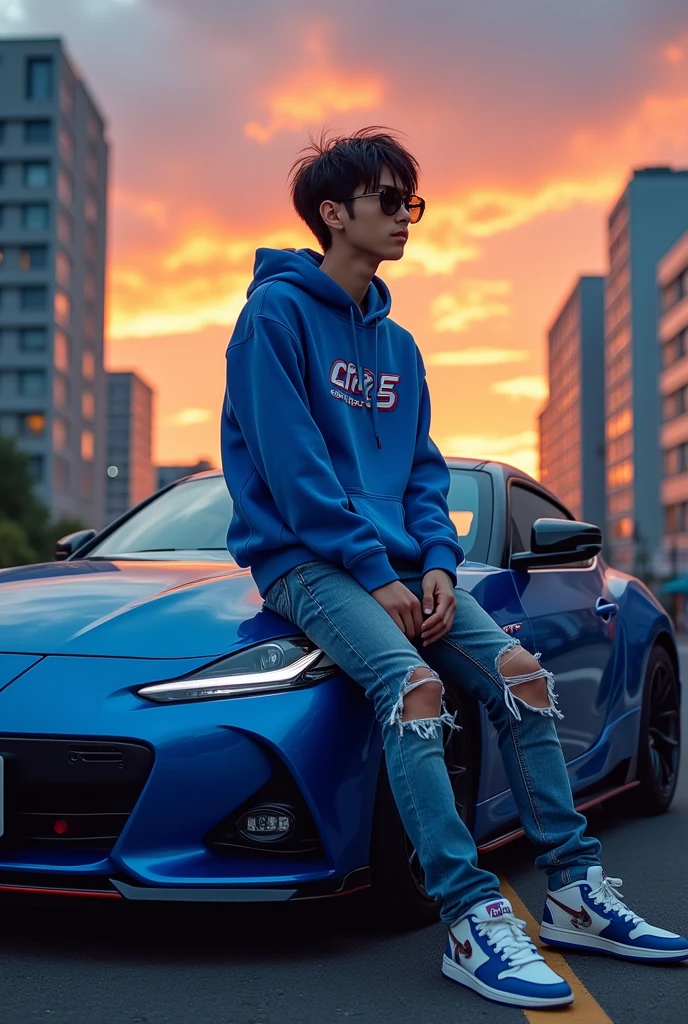 Photo of a Japanese individual named Hide, maybe a boy, sitting on a sleek blue sports car in an urban setting at a stunning sunset. Car, which is decorated with nameplates "Hide," located on a street surrounded by towering buildings. Hide is dressed casually yet stylishly, wearing a blue hoodie with the &#39;GTR 35&#39; logo, blue ripped jeans, and white and blue sneakers. He wore sunglasses and displayed a contemplative expression., as if contemplating the never-ending flux of the city. Car headlights illuminate the scene, emitting a warm glow on the cityscape. The sky is a stunning blend of orange and blue, hinting at the beauty of dawn or dusk.