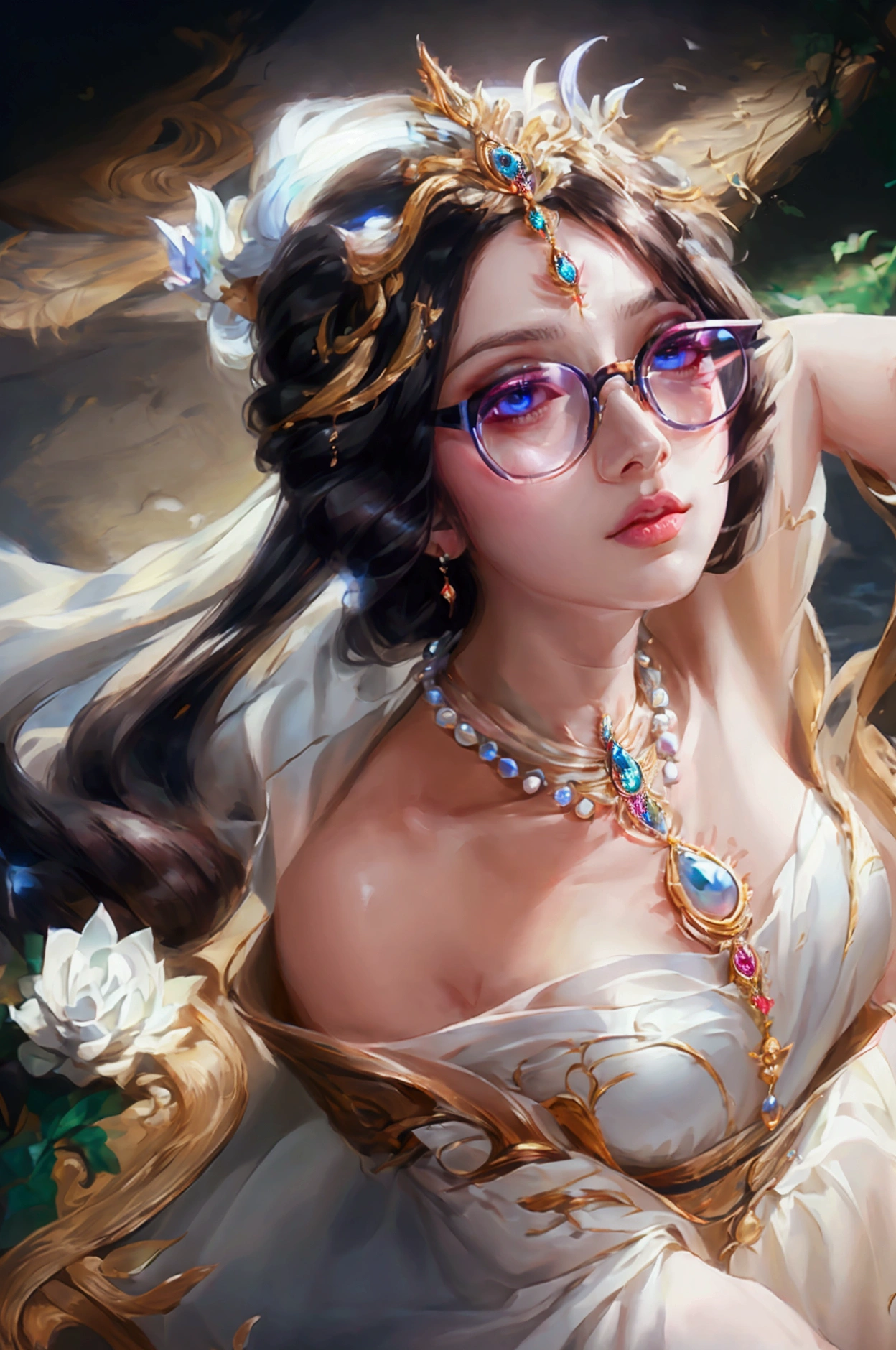 a beautiful woman wearing glasses, detailed elegant face, expressive eyes, intricate makeup, long eyelashes, glossy lips, delicate facial features, graceful neck, silky hair, white pearl necklace, soft skin, serene expression, high-quality digital art, cinematic lighting, photorealistic, dramatic colors, chiaroscuro lighting