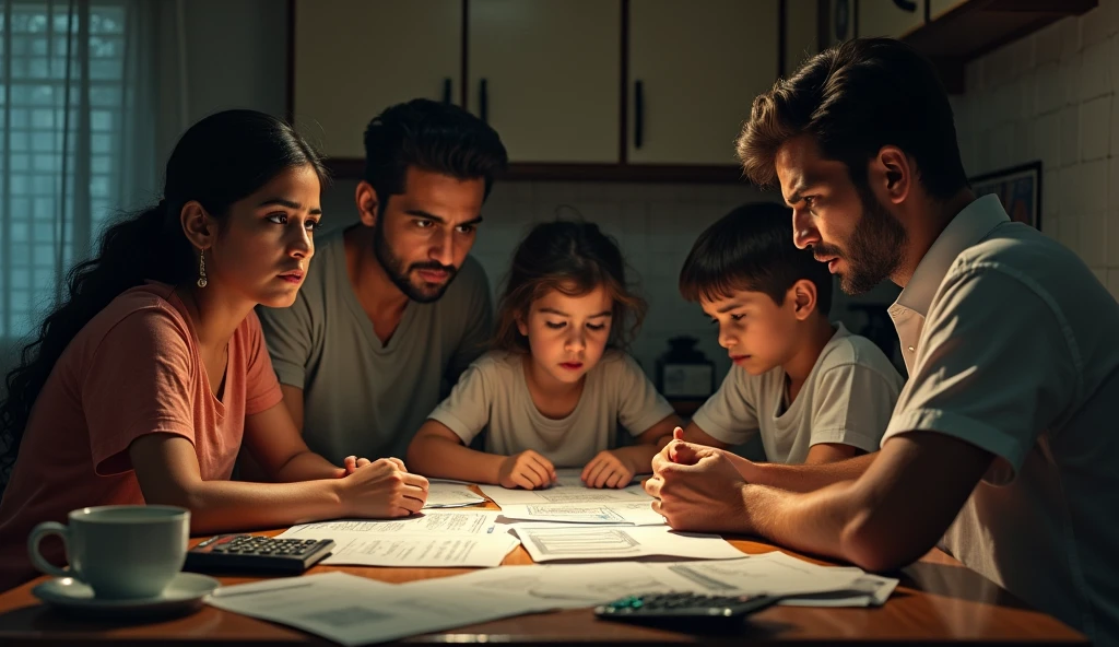  Show Vijay and his family at a kitchen table, budgeting with worried expressions, highlighting the financial struggles.