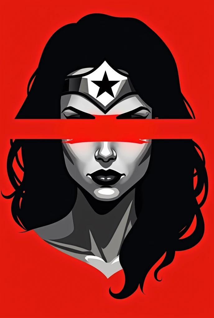 A stylized Art vectoriel portrait of Wonderwoman with a black and white face, partiellement obscurci par une bande rouge audacieuse sur ses yeux et sa bouche. L'arrière-plan est rouge uni. La figure semble solennelle, Art vectoriel