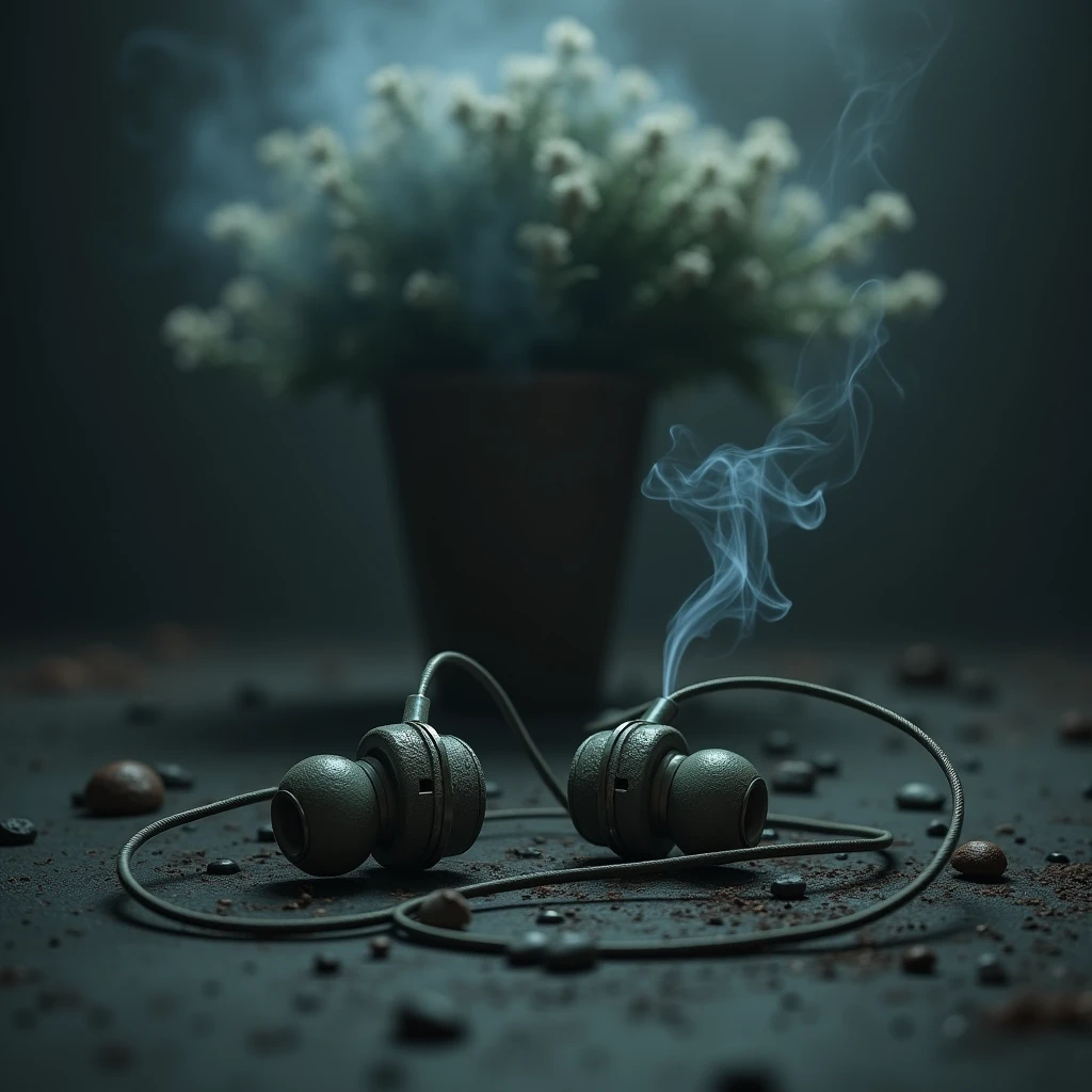 Smoking earphones dark background smkoe coming from bush