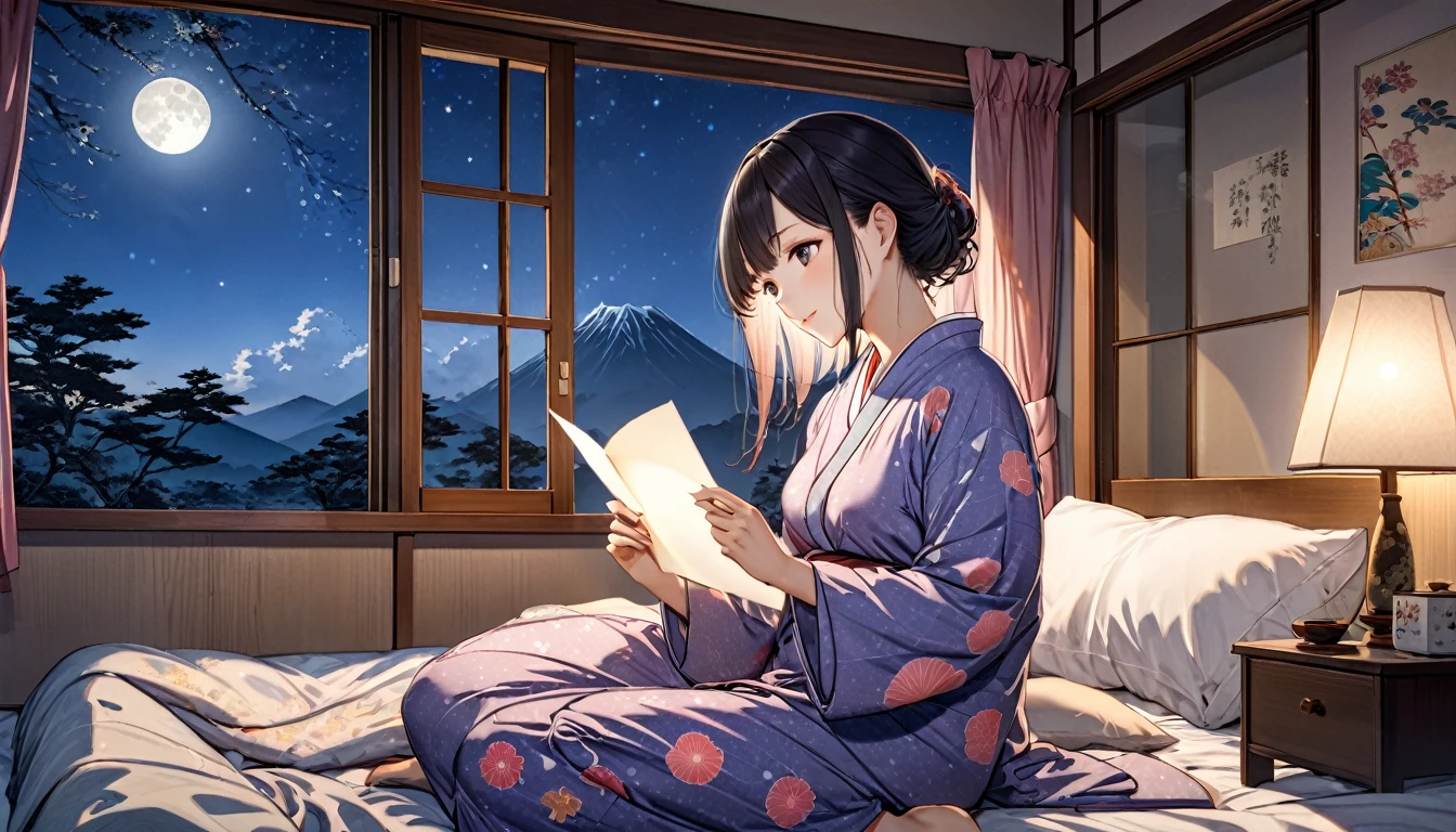 Ukiyo-e, Japanese painting, woodblock print, anime, manga, comics, figure, Beautiful woman, Wearing colorful pajamas, Night sky from window,Staring dreamily at a love letter、The soft moonlight illuminates her face、Cozy bedroom setting、Romantic and tranquil atmosphere、Photorealistic、Very detailed