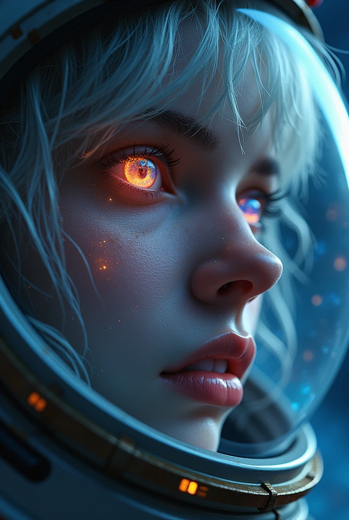 (Close-up of a better masterpiece:1.5)0.9], (Space and astronauts:1.2) (Messy silver hair:1.1) (Heterochromia xanthochromia and blue eyes:1.2) (Space Helmet:1.0) (Colored stars in the eyes:1.0) (A radiant glow:1.1) (thick lips:0.9)