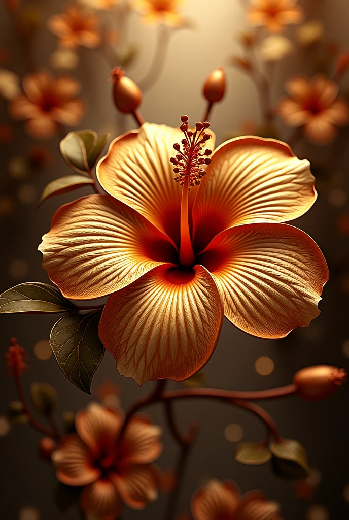 hibiscus logo,gold,repeated,3d,symmetrical,photorealistic,detailed,intricate,masterpiece,8k,realistic,vivid colors,volumetric lighting,studio lighting,high contrast,metallic,reflective,glossy,elegant,sophisticated,luxurious,majestic