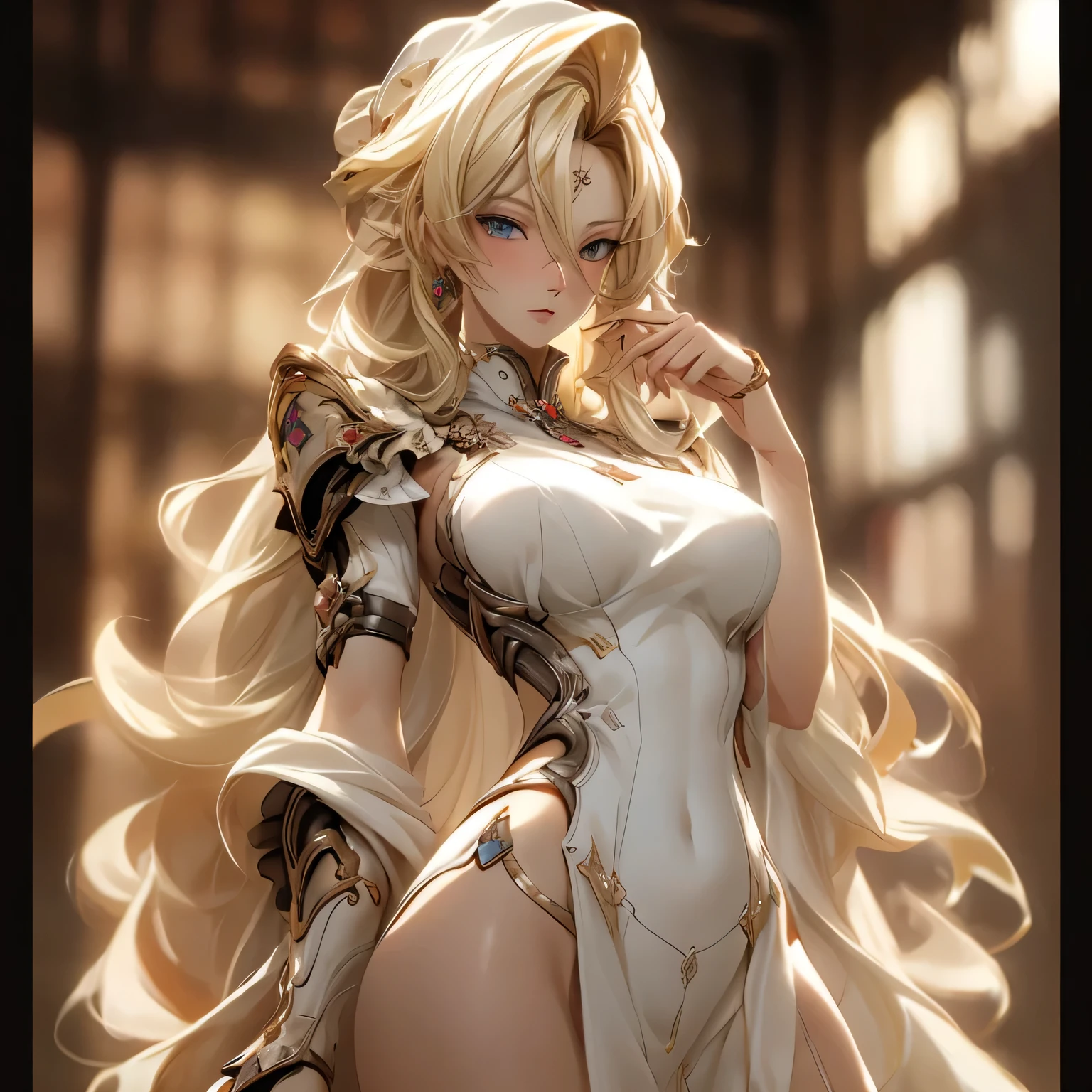 (best quality)), ((Masterpiece)), (details:1.4), 3d, HDR (high dynamic range), an image of a beautiful cyberpunk female, Blonde hair, Long hair, Sleek style, Golden eyes, hips up, จมูกโด่ง, ปากแดง, หน้าอกใหญ่, nvidia RTX, PBR surface, After processing, Anisotropic filtration,depth of field, Maximum clarity and clarity, multi-layered surface, Subsurface scattering, perfect proportions, 8K raw files, ultra detailed, Perfect proportions, volumetric lighting, soft lighting, Holy Knight, Heavy Armor, glossy skin, castle background, jewely, ต่างหู, นิ้วมือสมบูรณ์,
