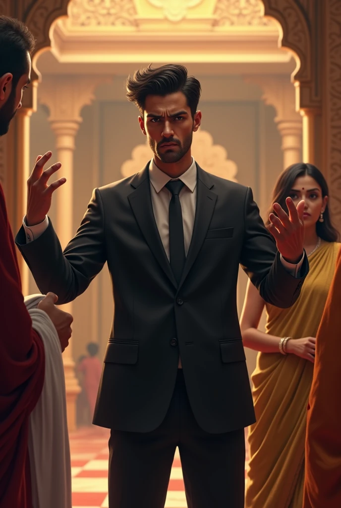 "Depict Veer a young businessman (in black suit )with a look of growing frustration and anger. His eyebrows are furrowed, and his lips are set in a tight line. He is gesturing with one hand, possibly pointing towards the exit, as he argues about the importance of his work and his disbelief in the rituals. The background shows the serene temple contrasting with Veer's modern, pragmatic world view. Veer's wife was standing beside him and angry pandit ji infront of them