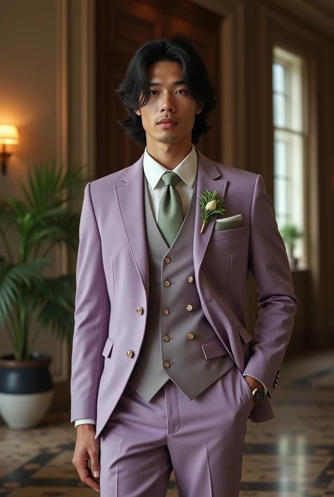 A dusty purple wedding suit with sage green accents on a Italian, white, black, and Phillipino man with shoulder leaght wavy balck hair with no facial hair 