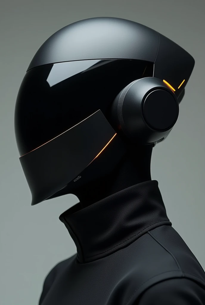 "A simple yet elegant futuristic techwear semi helmet with a minimalist design. The helmet features smooth, clean lines and an automatically opening visor. The design emphasizes sophistication with a matte black finish, accented by subtle metallic or neon highlights. The overall look is modern, high-tech, and stylish, with a focus on elegance and simplicity, use Machine56 helmet as reference