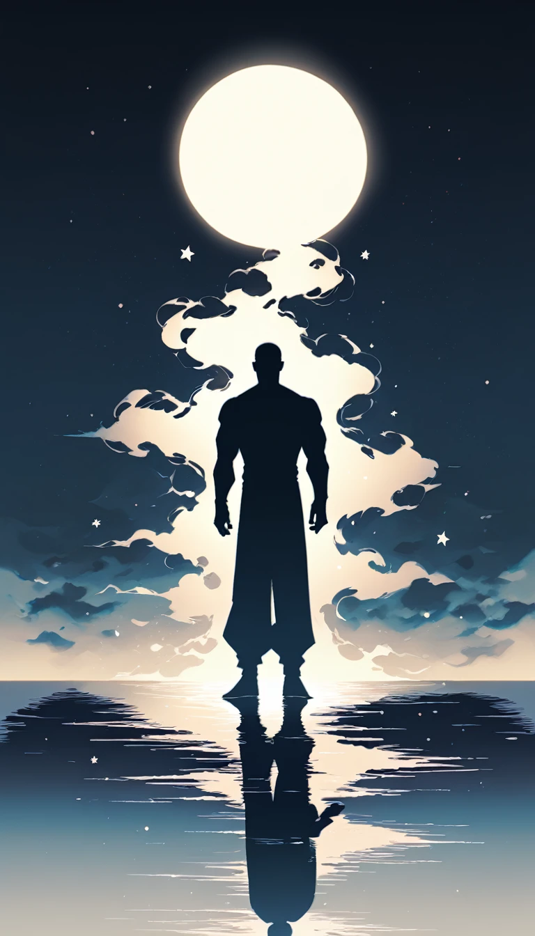 A Strong Buddhist muscular man stands in the smoke, Black jumpsuit, Very tight, Silhouette effect, Tall muscular man, Priapus, Dark Black, Dark black skin, Buzz Cut, His muscles are very developed, Very tall, short hair, Blend into the smoke, Lake, Reflection, Stars, moonlight, Big Moon, Man silhouette, Chinese, black and white, Simple style
