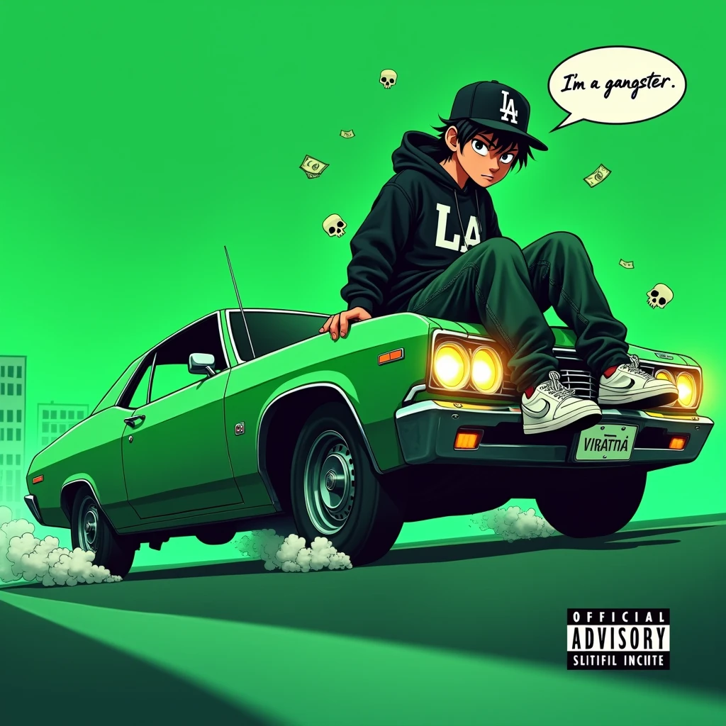 Image of a man sitting on the bonnet of a car, Yoshihiko Wada&#39;s album cover, winner of the behance contest, Doodle, official artwork, rap album cover, hip - hop album art cover, colored album art, hip hop music album cover, rap album cover art, official fanart, GTA Cover, hip hop album cover, album art cover, Cartoon character, oriental boy, Running car, Green background, green tea, Deep pressed black LA ball cap, white nike shoes, Black LA Hoodie, Baggy jeans worn down, black neighborhood, Skull, drug, The city seen from behind, korean, white smoke, Headlight light, Troublemakers, Bad boy, A lot of money flying around, Write I&#39;m a gangster like a character speech bubble, mischievous expression