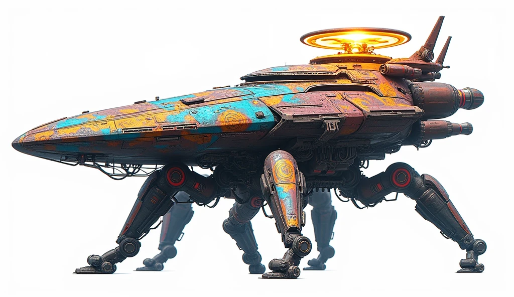 A long wide giant heavily armored divine futuristic flying all terrain biomechanical mothership, covered in rainbow batik pattern and glowing javanese runic symbols, multiple retractable cybernetic spider legs with wheels on the tip, divine halo, flying hovercraft, flying submarine, flying aircraft carrier, flying hotel, flying resort, flying city, flying skyscraper, flying cruise ship, flying yacht, flying castle, flying military base, multiple thrusters, multiple helipad, multiple propeller, mobile headquarters, mobile command center, automatic turrets, missile banks, missile defense system, multi-port rear engine arrays, large pivoted missile pods, anti-air batteries, reactive armour over vital spaces, VTOL thrusters, ventral ground-facing VTOL thruster bays, retractable center cannon, super carrier, sky carrier, space station, floating city, floating castle, white background