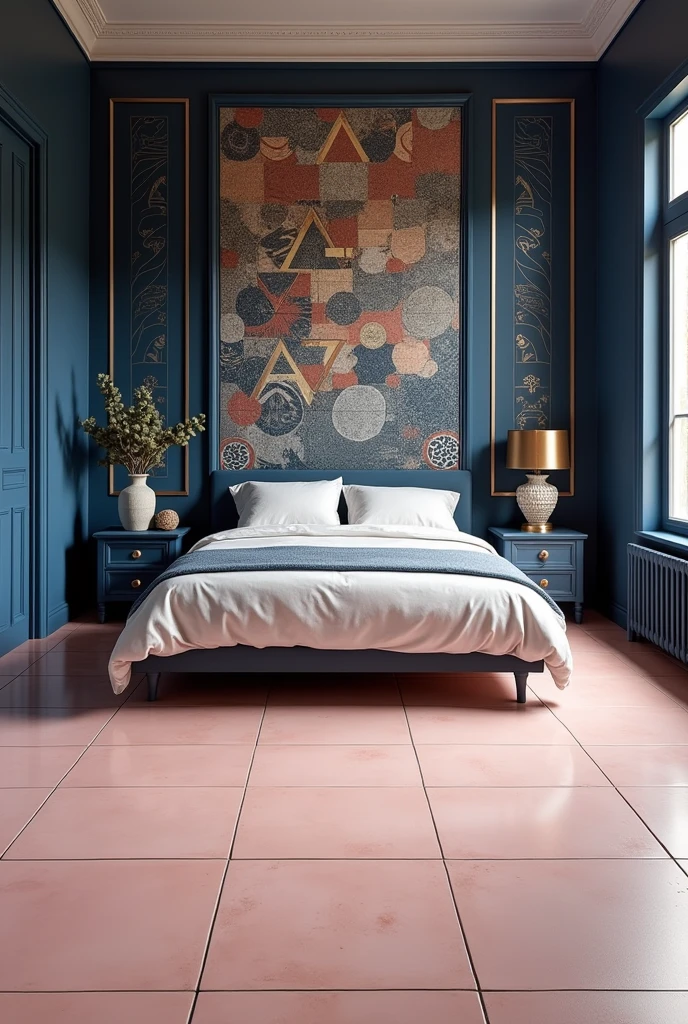 A room with light pink tiles and sky blue colour. The tiles are of 2*4 feet. Make room bigger and change the sky blue to navy blue with mural design, it's a bedroom