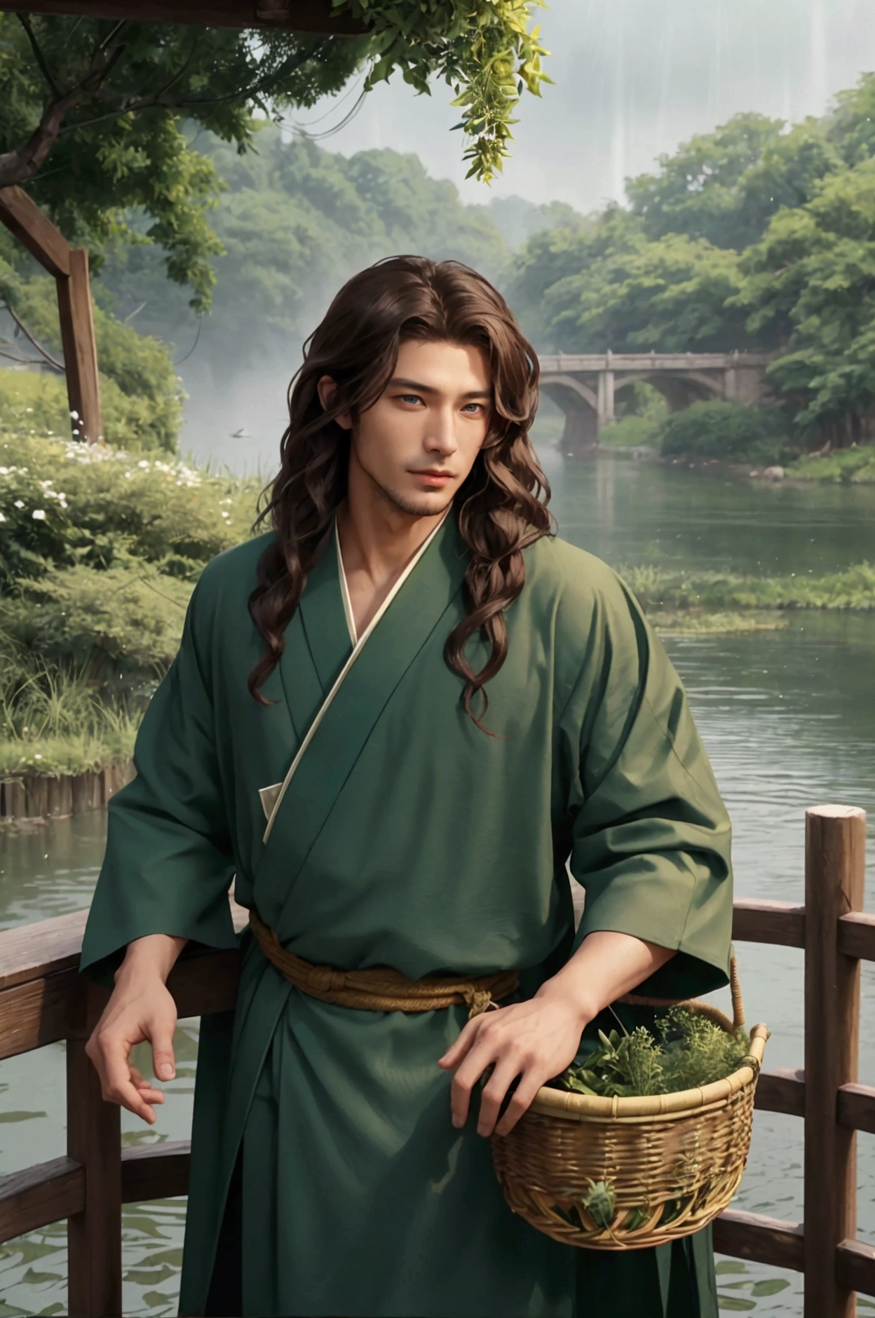 A handsome man in his 30s sits against a bridge with a basket of herbs in front of a lake during the rain. He is wearing a green Chinese haori. The man has long wavy brown hair and green eyes. His face is sharp, with cheekbones. His look is relaxed.