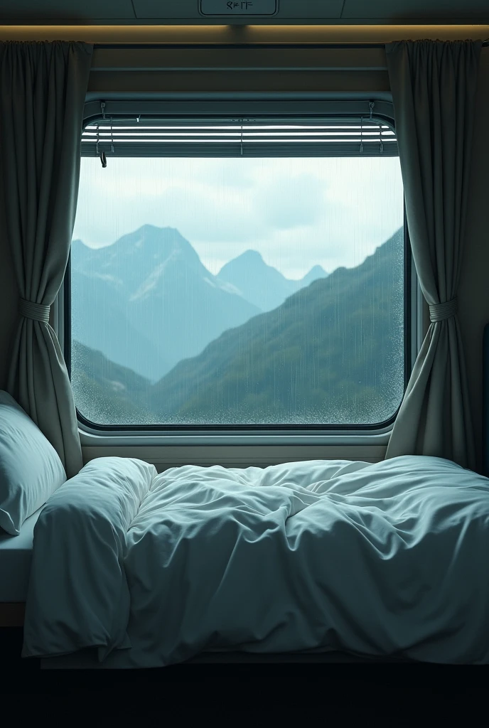 A normal empty bed in train with rain and a view of mountains