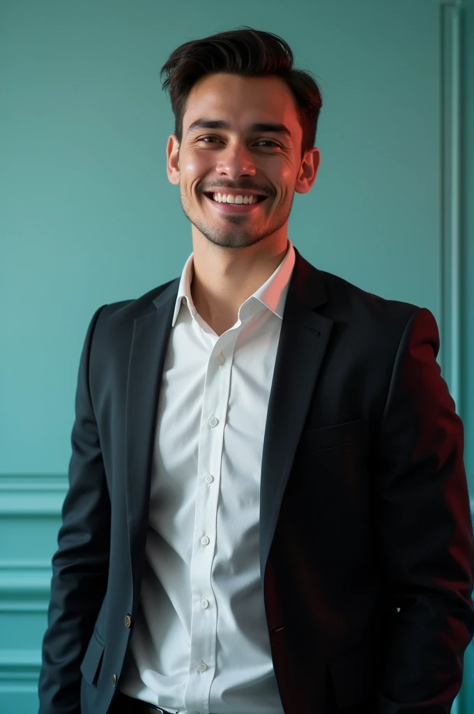 A young man with dark hair and a confident smile. He is dressed in a black blazer over a white shirt.The man is positioned Against Aqua colour backdrop with a subtle red lighting on the left side. And he posting for LinkedIn profile