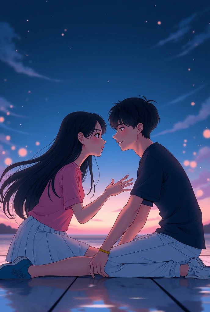 girl has black long hair and is pretty.she is wearing a pink top,a white skirt and blue shoes.he has black hair.He wears white shoes,white pants and a black shirt.they listen to music she tells passionately.he listens to her and looks at her from the side, smiling.it&#39;s night