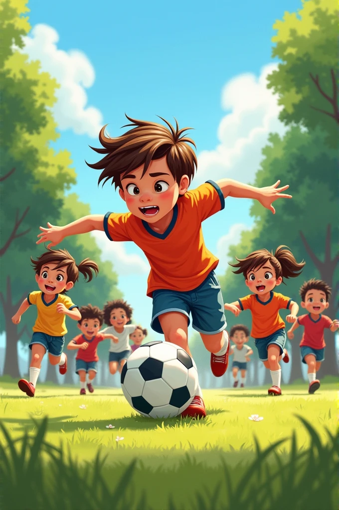 Illustration of a boy playing football with children