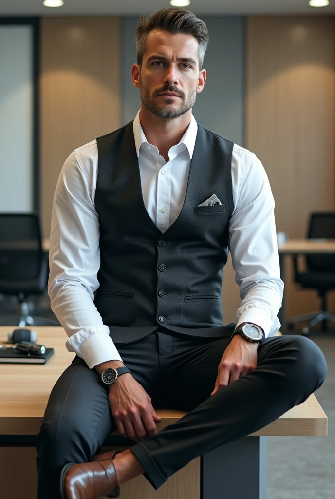 A man wearing a suit without the coat sitting on top of the desk in office with crossing legs
