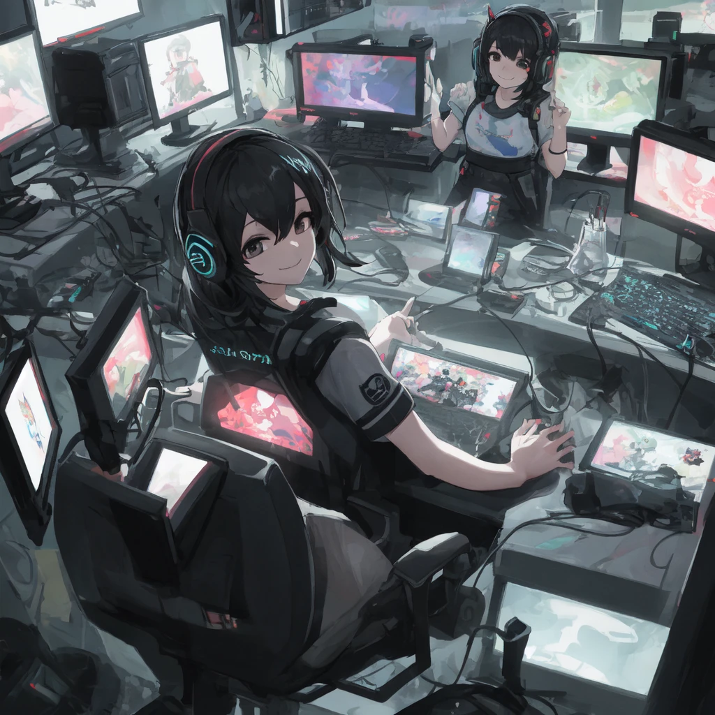High resolution, 8k resolution, (Lens flare:0.5), Light from afar, (smile, joy) Short sleeve gaming wear, Black Hair, Computer Lab, Over-the-head gaming headset、one person's