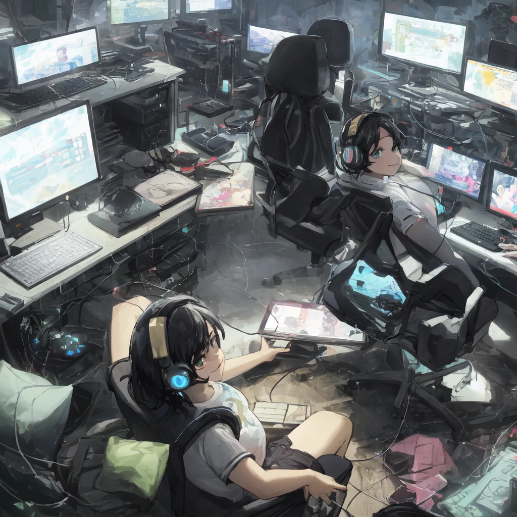 High resolution, 8k resolution, (Lens flare:0.5), Light from afar, (smile, joy) Short sleeve gaming wear, Black Hair, Computer Lab, Over-the-head gaming headset、one person&#39;s