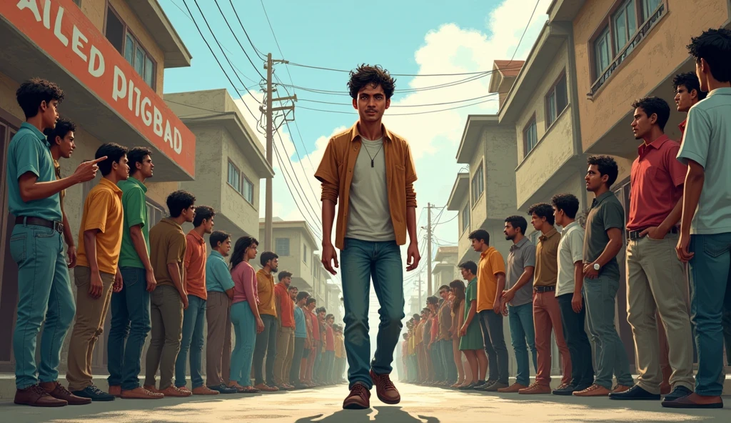 Illustrate Vijay walking through a street or neighborhood, with people whispering and pointing at him, showing the social challenges he faces.