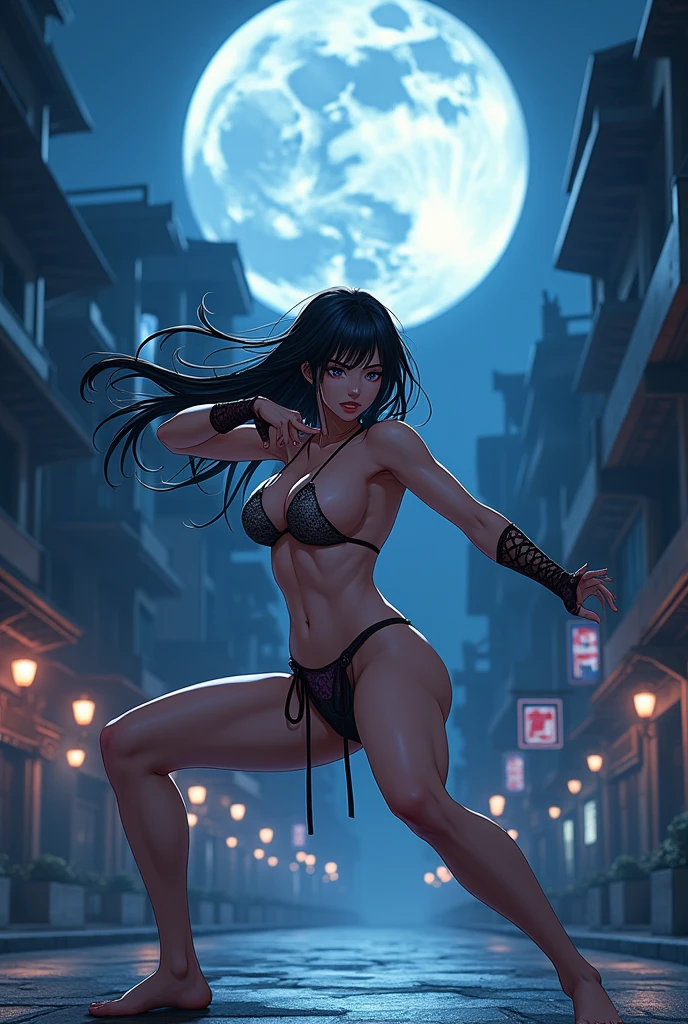 Beautiful sexy anime woman naked training martial arts on the street With the moon in the background